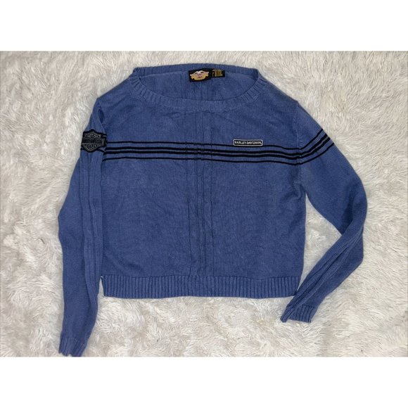 VTG Harley Davidson Womens Cropped Blue Pullover Sweater Size Large 90’s - Picture 1 of 3